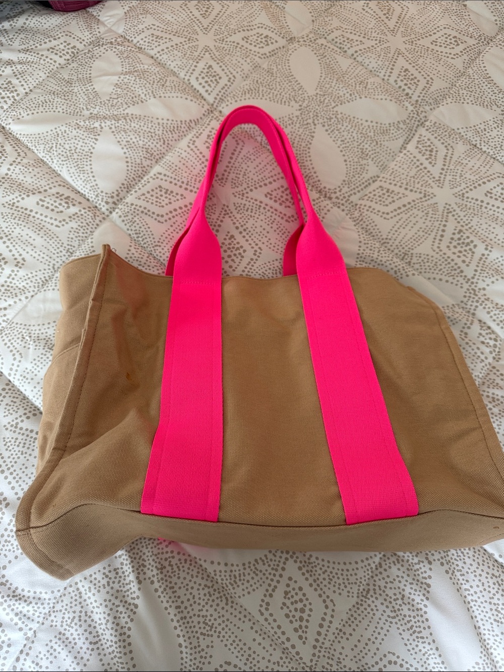 a new day Tan Canvas Tote with Neon Pink Handles